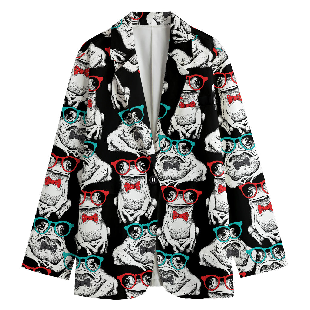 Hipster Frog Pattern Print Women's Cotton Blazer