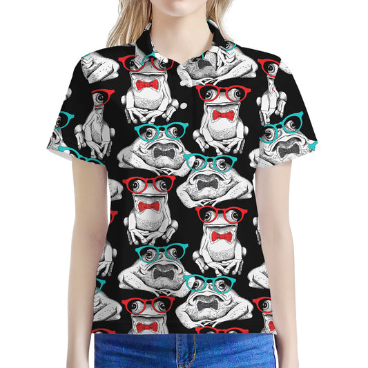 Hipster Frog Pattern Print Women's Polo Shirt