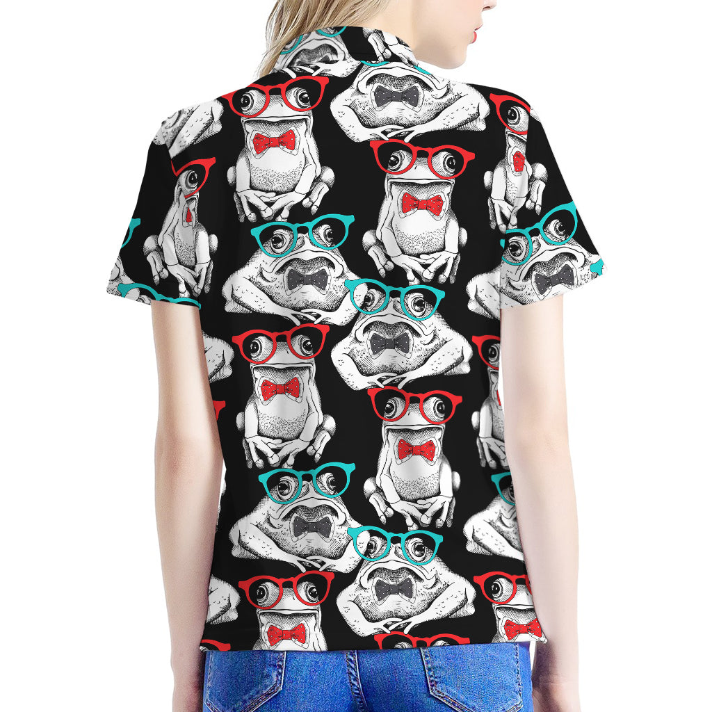 Hipster Frog Pattern Print Women's Polo Shirt