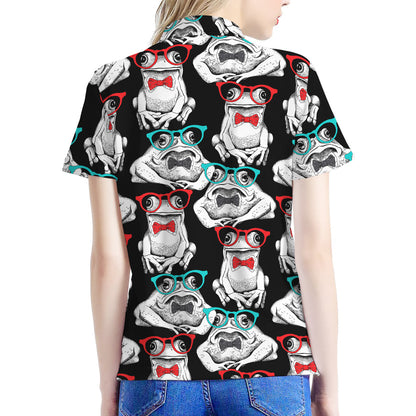 Hipster Frog Pattern Print Women's Polo Shirt