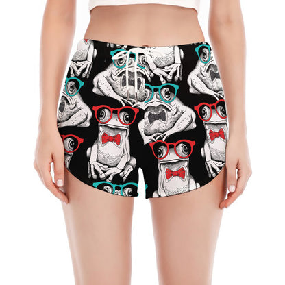 Hipster Frog Pattern Print Women's Split Running Shorts