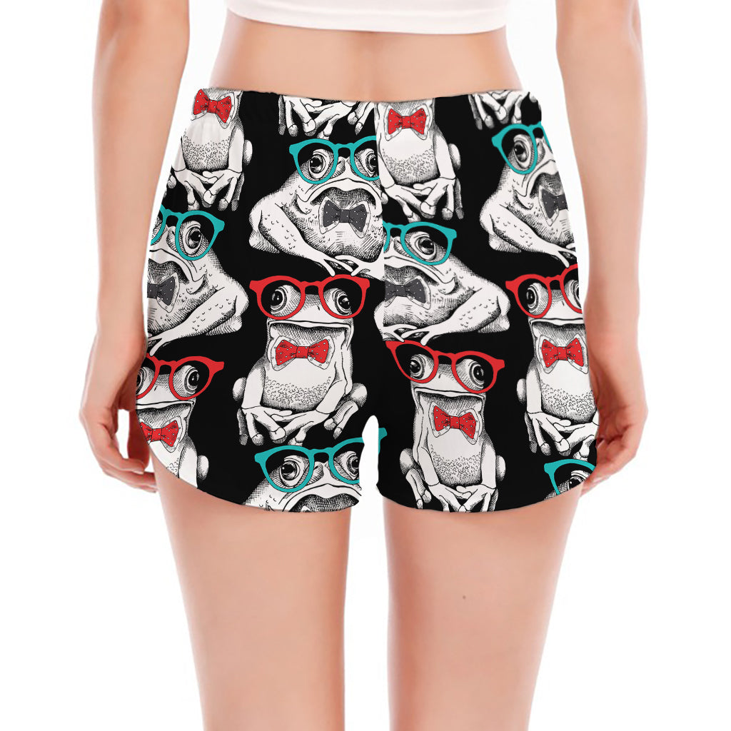 Hipster Frog Pattern Print Women's Split Running Shorts