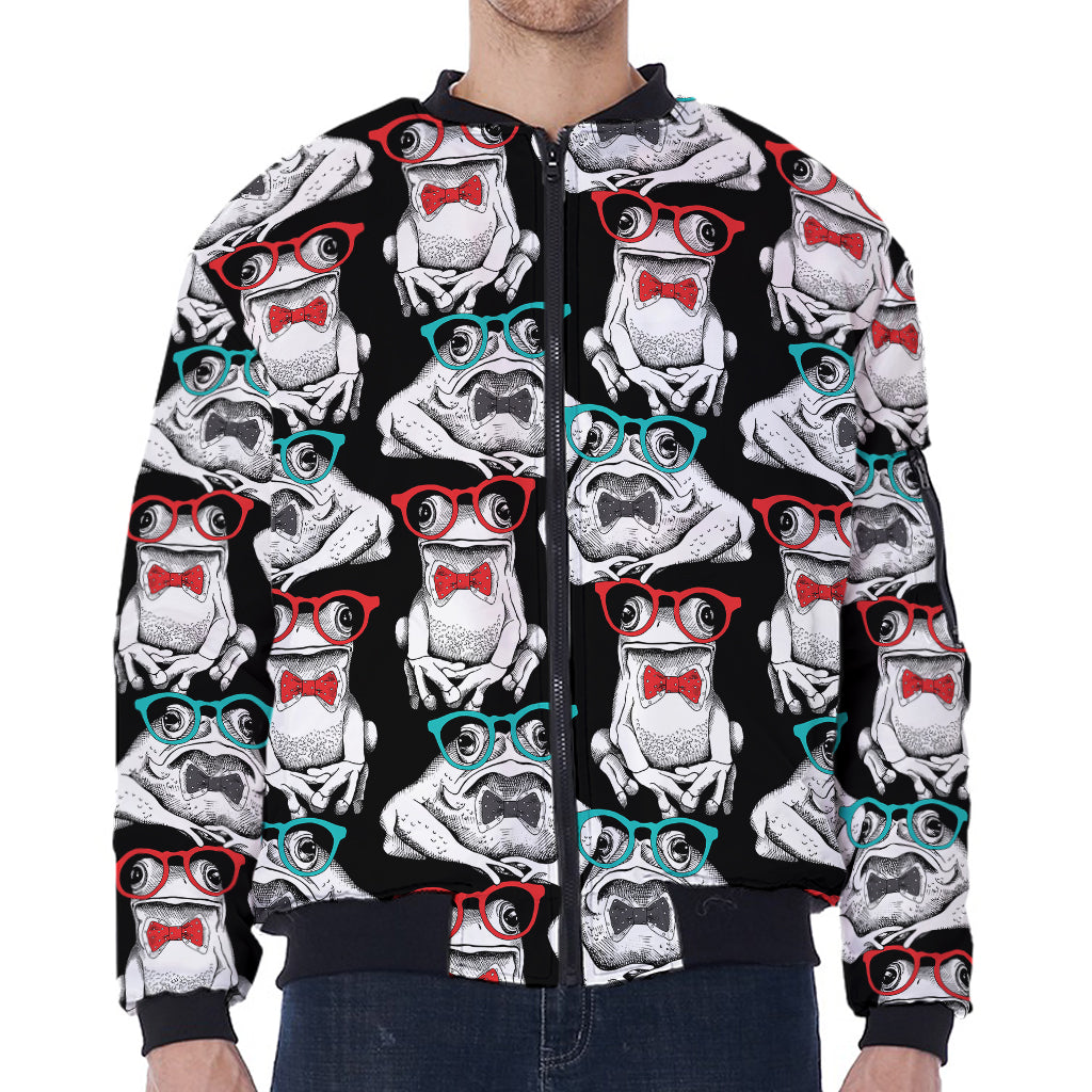 Hipster Frog Pattern Print Zip Sleeve Bomber Jacket
