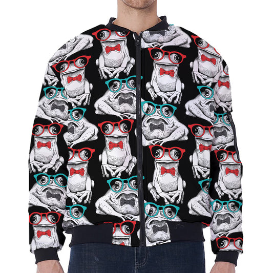 Hipster Frog Pattern Print Zip Sleeve Bomber Jacket