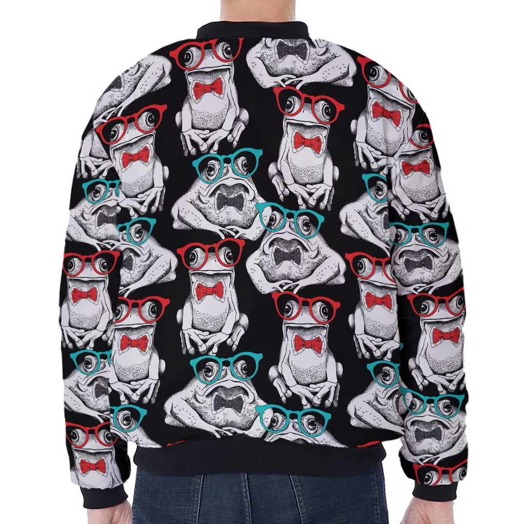 Hipster Frog Pattern Print Zip Sleeve Bomber Jacket