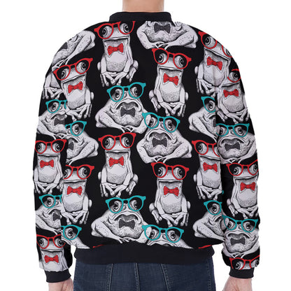 Hipster Frog Pattern Print Zip Sleeve Bomber Jacket