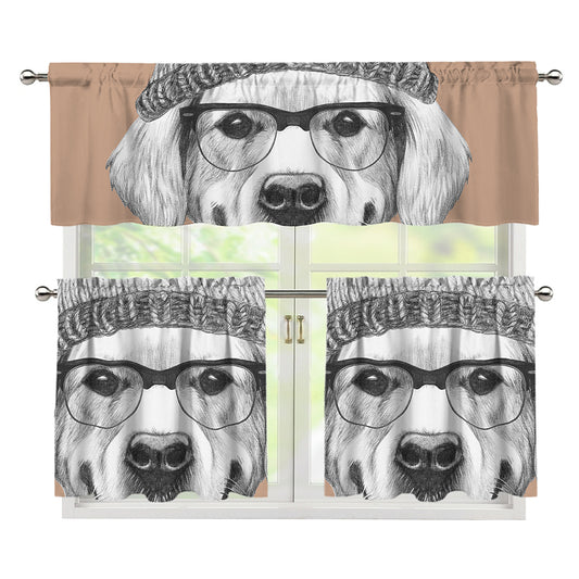 Hipster Golden Retriever Print 3 Piece Kitchen Curtains