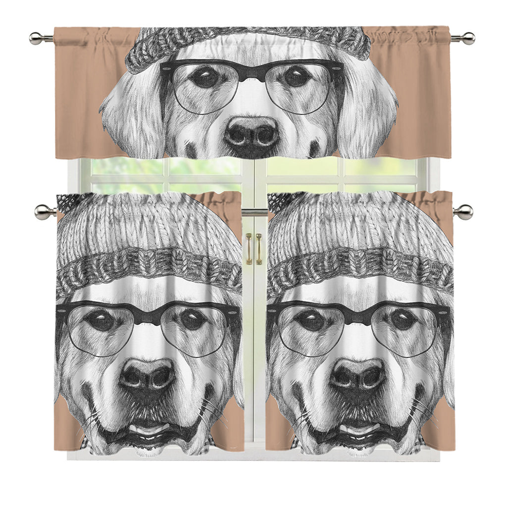 Hipster Golden Retriever Print 3 Piece Kitchen Curtains