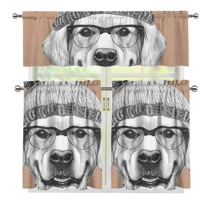 Hipster Golden Retriever Print 3 Piece Kitchen Curtains