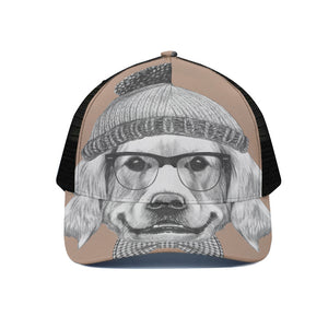 Hipster Golden Retriever Print Black Mesh Trucker Cap