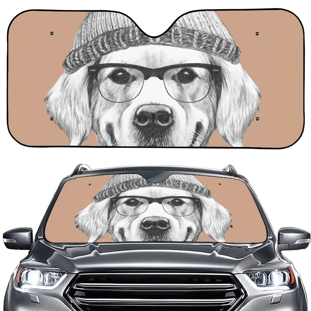 Hipster Golden Retriever Print Car Windshield Sun Shade