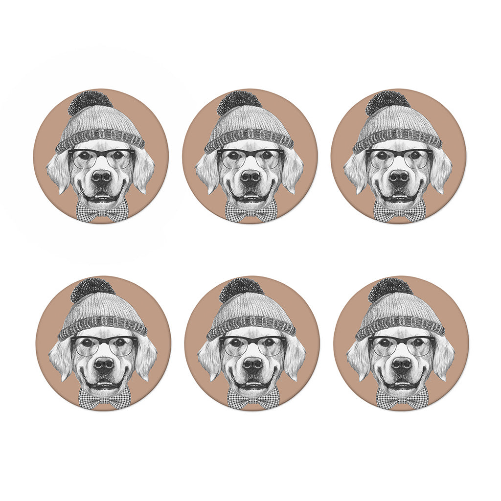 Hipster Golden Retriever Print Coaster Set