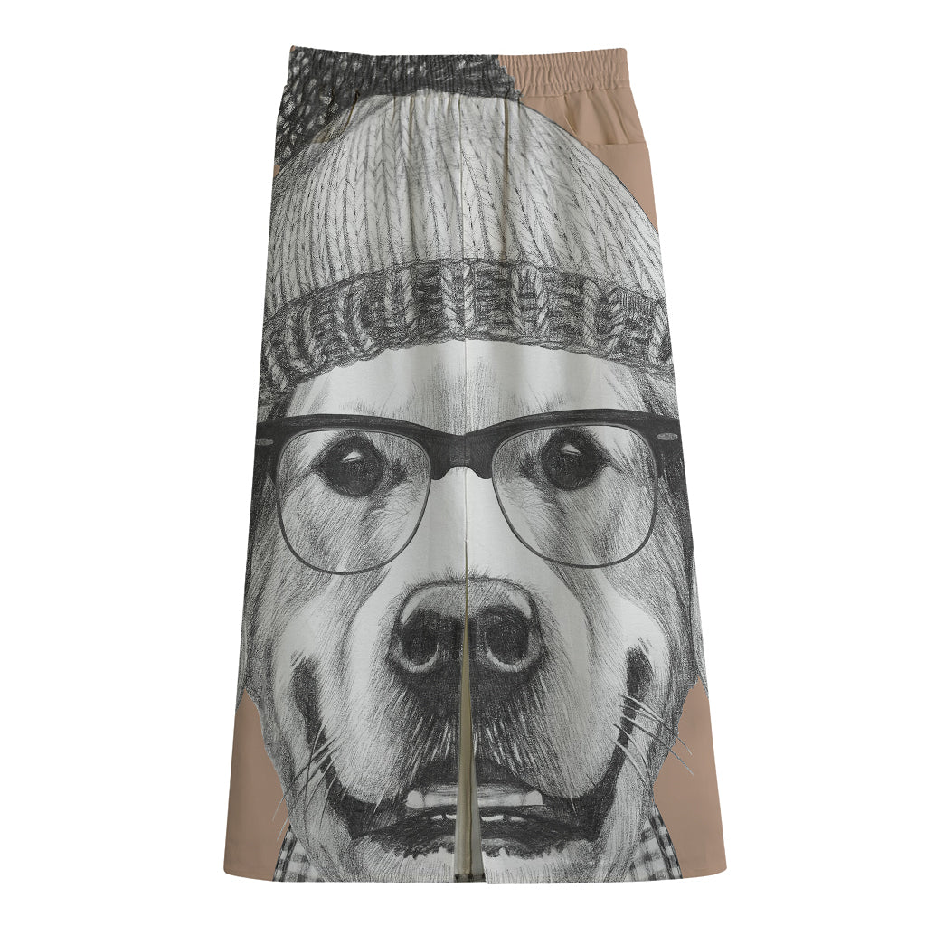 Hipster Golden Retriever Print Cotton Front Slit Maxi Skirt