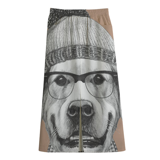 Hipster Golden Retriever Print Cotton Front Slit Maxi Skirt