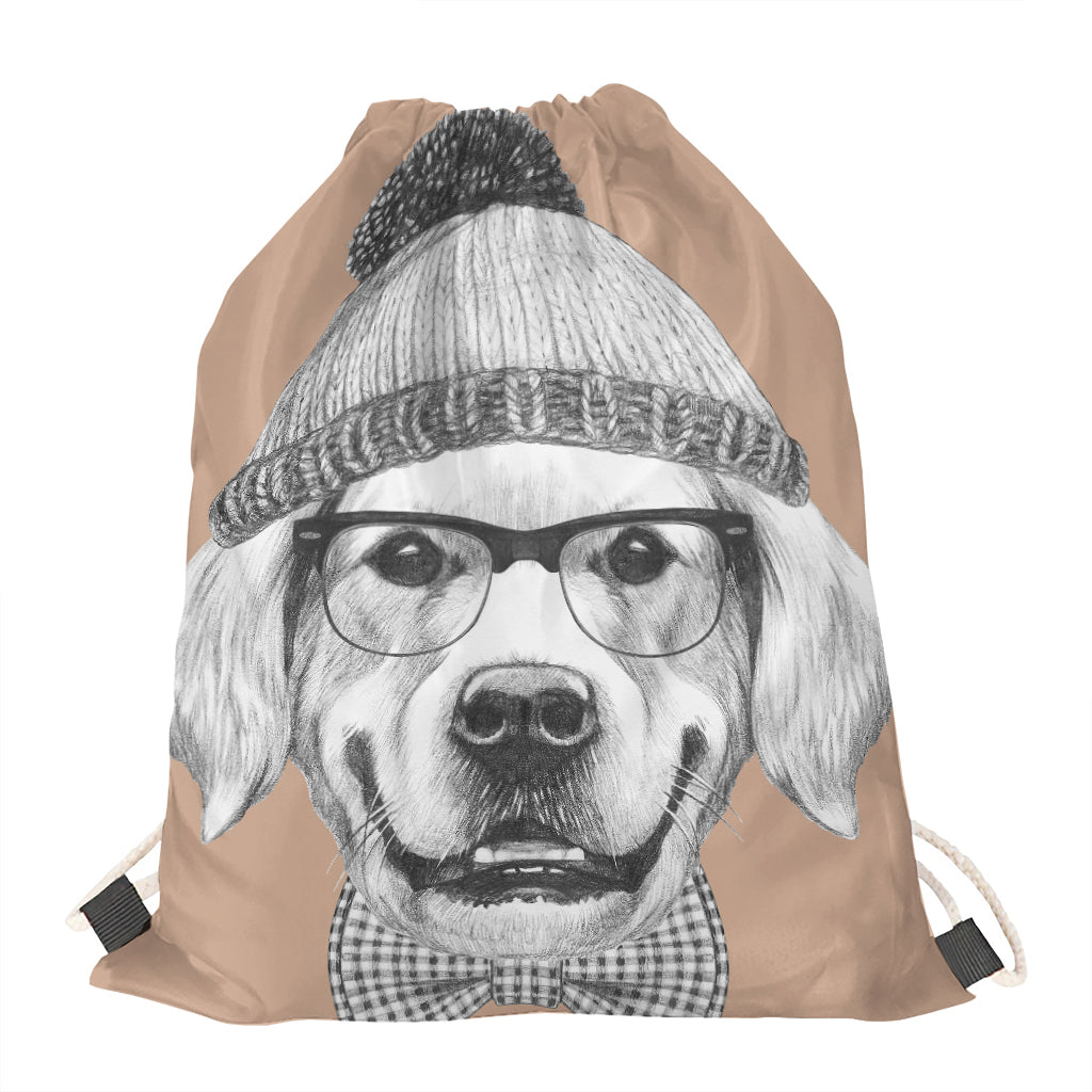 Hipster Golden Retriever Print Drawstring Bag