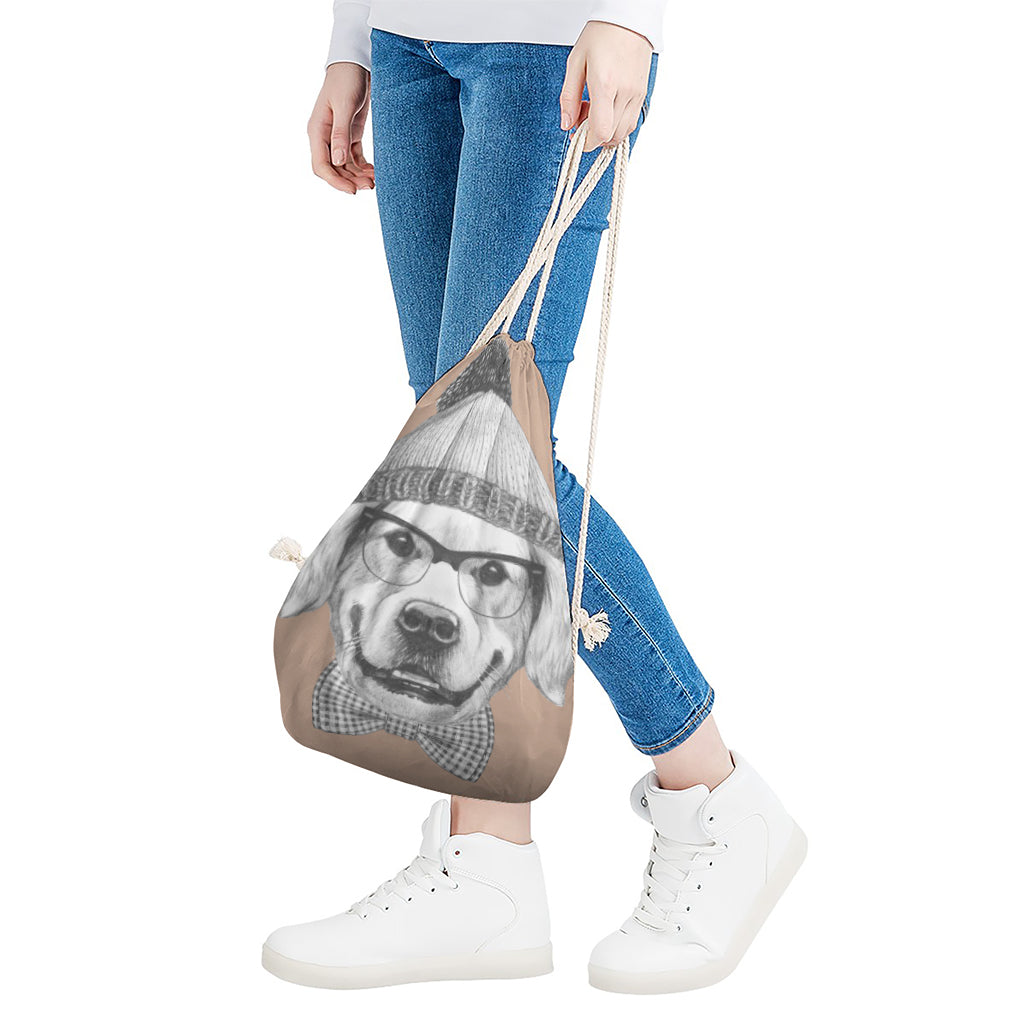 Hipster Golden Retriever Print Drawstring Bag