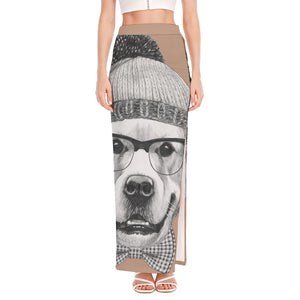 Hipster Golden Retriever Print High Slit Maxi Skirt