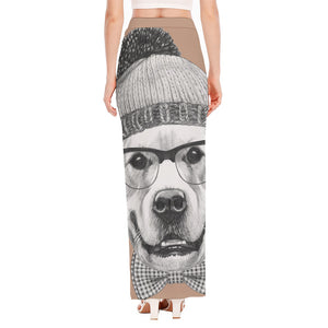 Hipster Golden Retriever Print High Slit Maxi Skirt