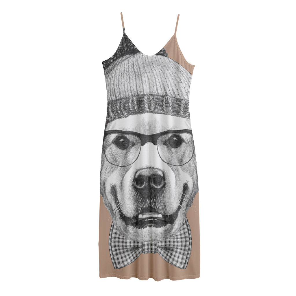 Hipster Golden Retriever Print Jersey Midi Cami Dress