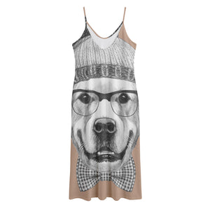 Hipster Golden Retriever Print Jersey Midi Cami Dress