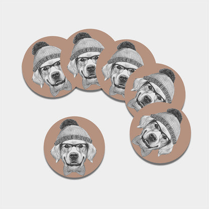 Hipster Golden Retriever Print Leather Coaster Set