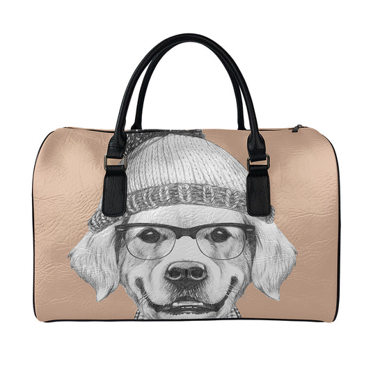 Hipster Golden Retriever Print Leather Duffle Bag
