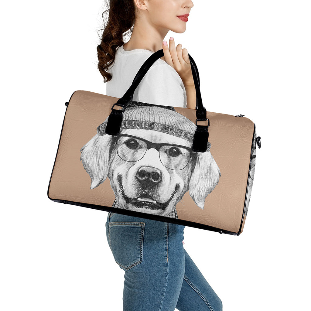 Hipster Golden Retriever Print Leather Duffle Bag