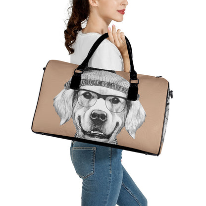 Hipster Golden Retriever Print Leather Duffle Bag