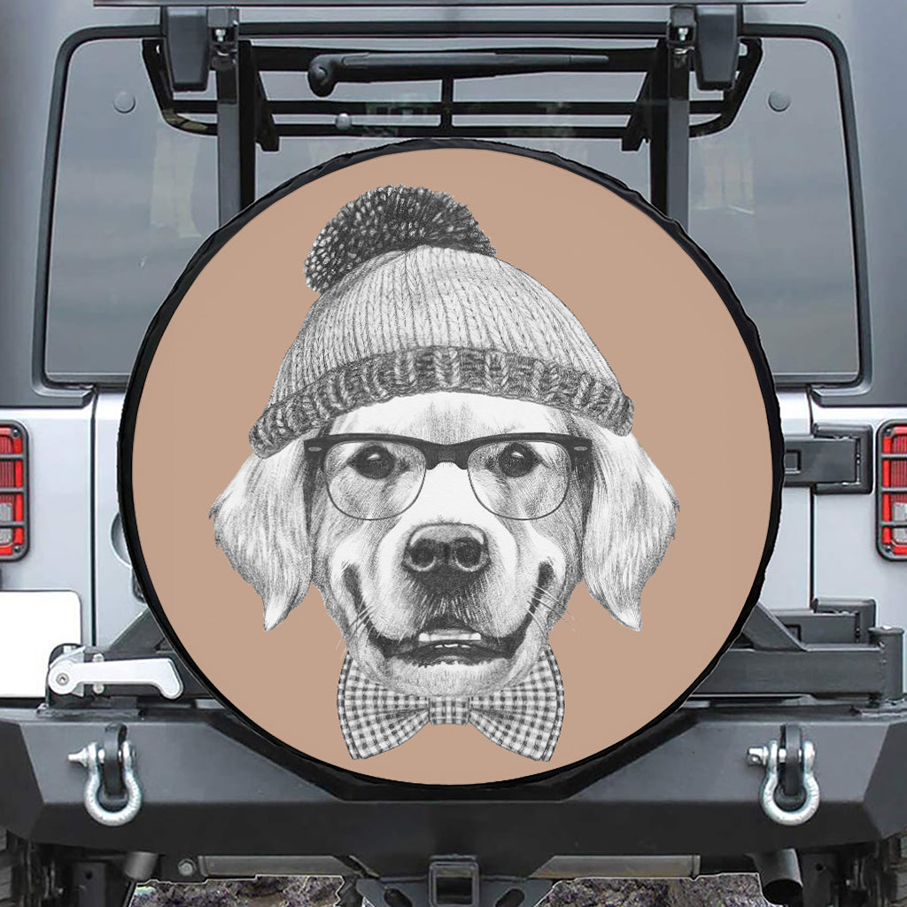 Hipster Golden Retriever Print Leather Spare Tire Cover