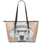 Hipster Golden Retriever Print Leather Tote Bag