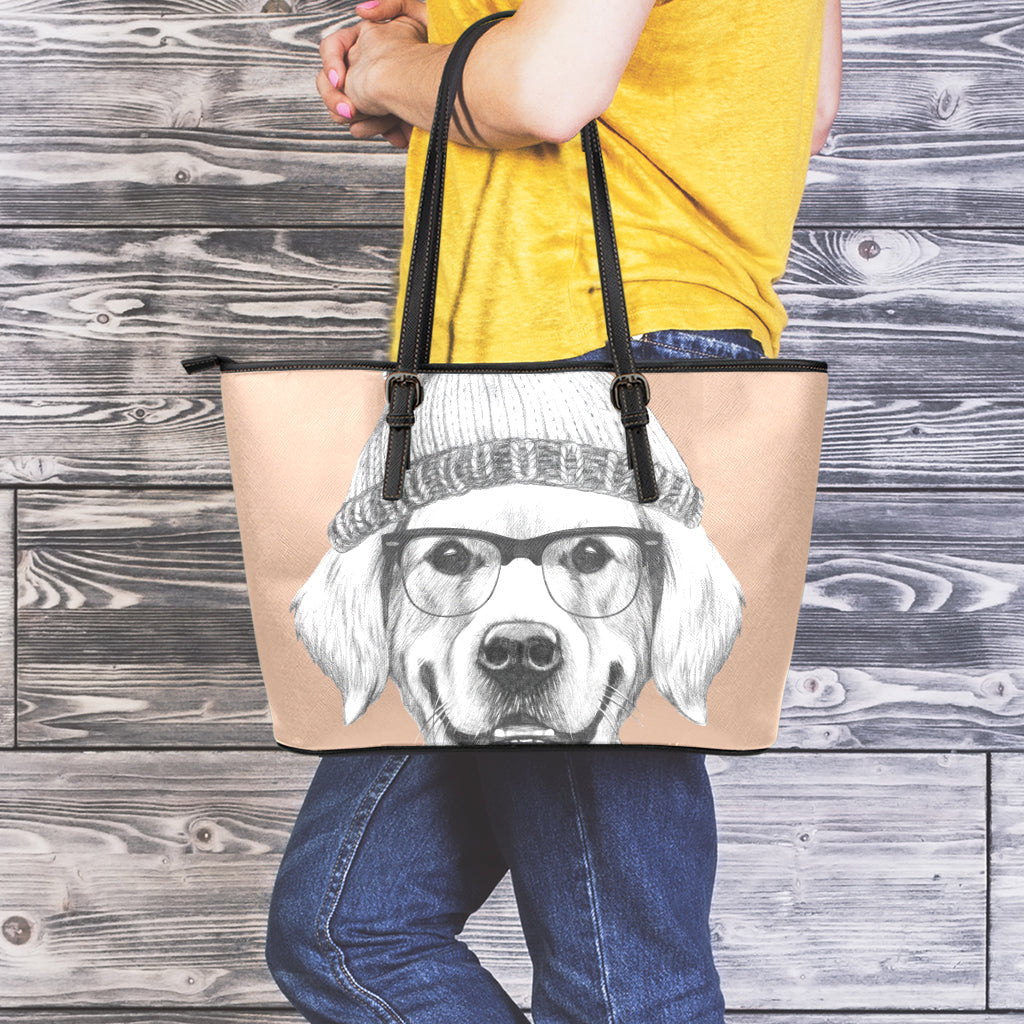 Hipster Golden Retriever Print Leather Tote Bag