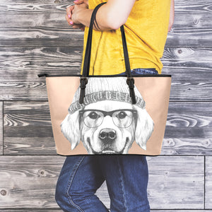 Hipster Golden Retriever Print Leather Tote Bag