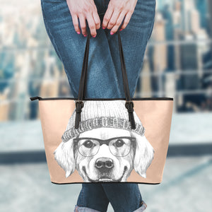 Hipster Golden Retriever Print Leather Tote Bag