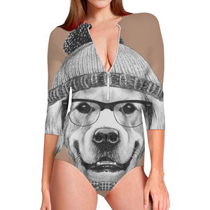 Hipster Golden Retriever Print Long Sleeve Swimsuit