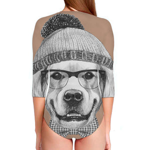 Hipster Golden Retriever Print Long Sleeve Swimsuit