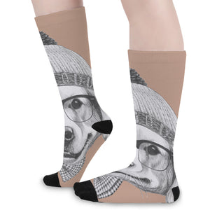 Hipster Golden Retriever Print Long Socks