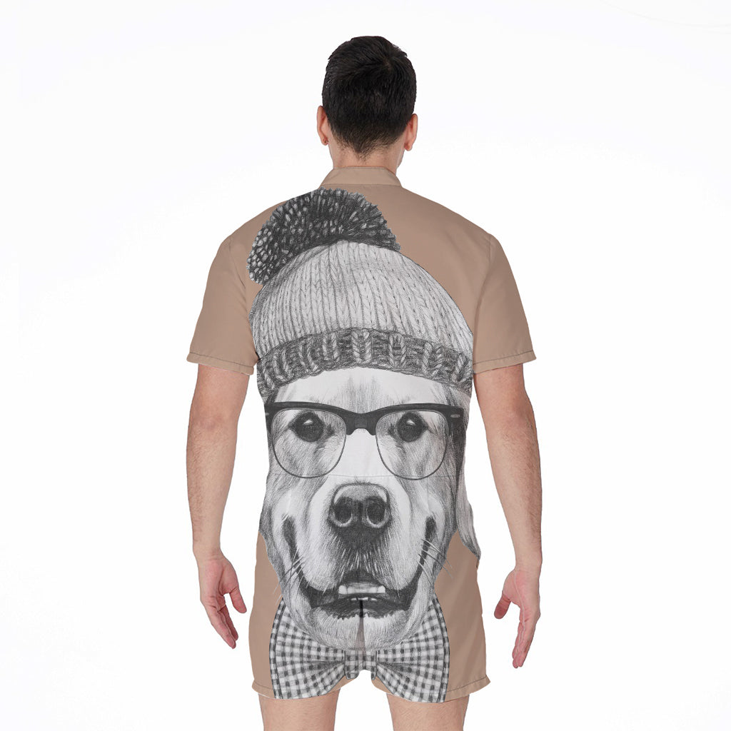 Hipster Golden Retriever Print Men's Rompers