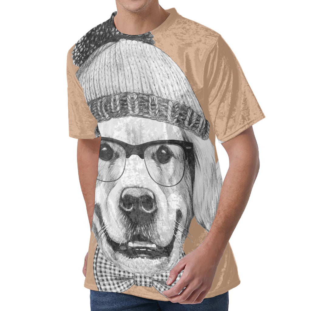 Hipster Golden Retriever Print Men's Velvet T-Shirt