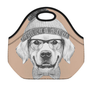 Hipster Golden Retriever Print Neoprene Lunch Bag