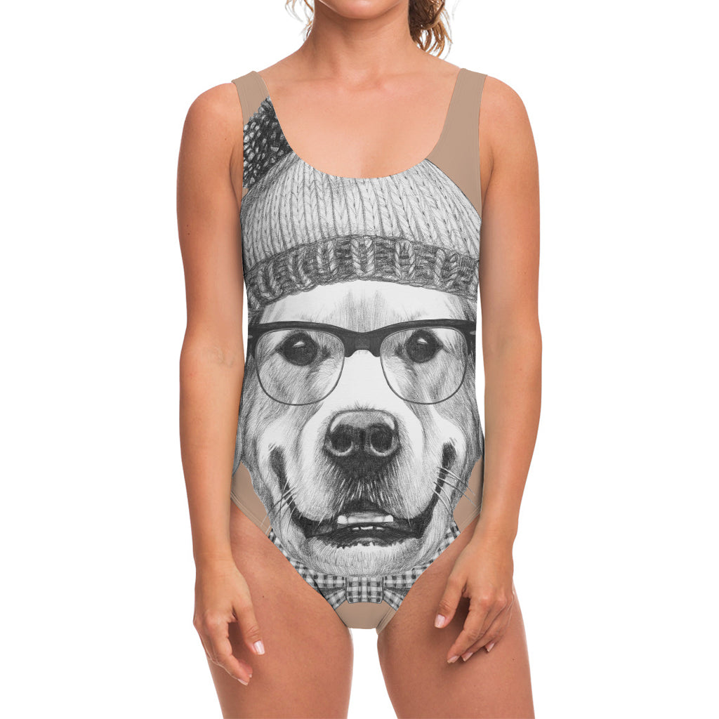 Hipster Golden Retriever Print One Piece Swimsuit