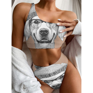 Hipster Golden Retriever Print One Shoulder Bikini Top