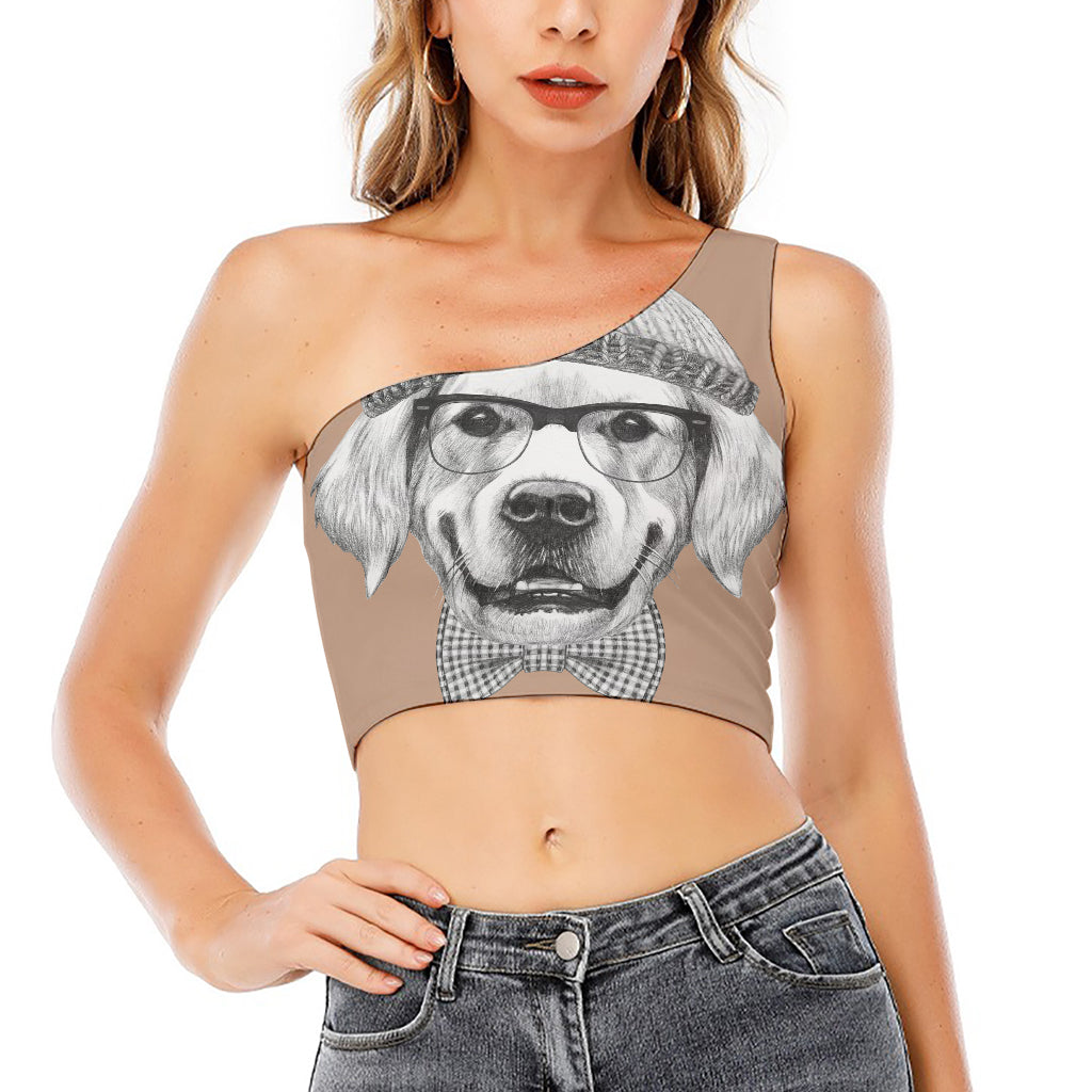 Hipster Golden Retriever Print One Shoulder Crop Top