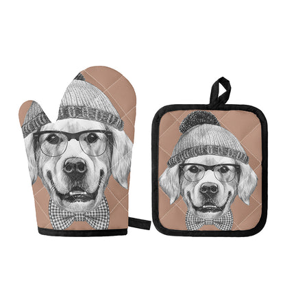 Hipster Golden Retriever Print Oven Mitt And Pot Holder Set