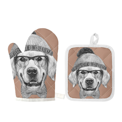 Hipster Golden Retriever Print Oven Mitt And Pot Holder Set
