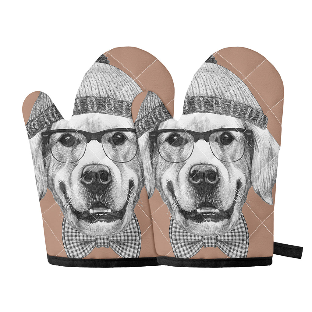 Hipster Golden Retriever Print Oven Mitts
