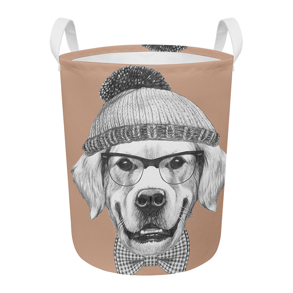 Hipster Golden Retriever Print Round Laundry Basket
