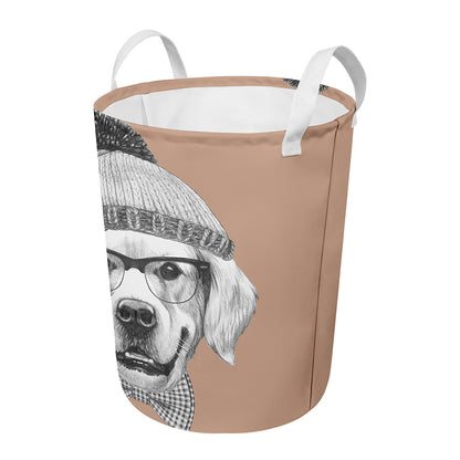 Hipster Golden Retriever Print Round Laundry Basket