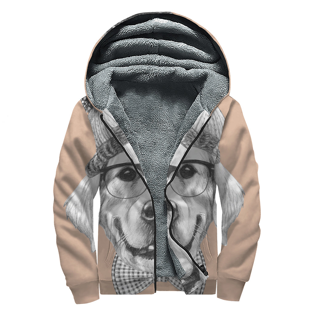 Hipster Golden Retriever Print Sherpa Lined Zip Up Hoodie