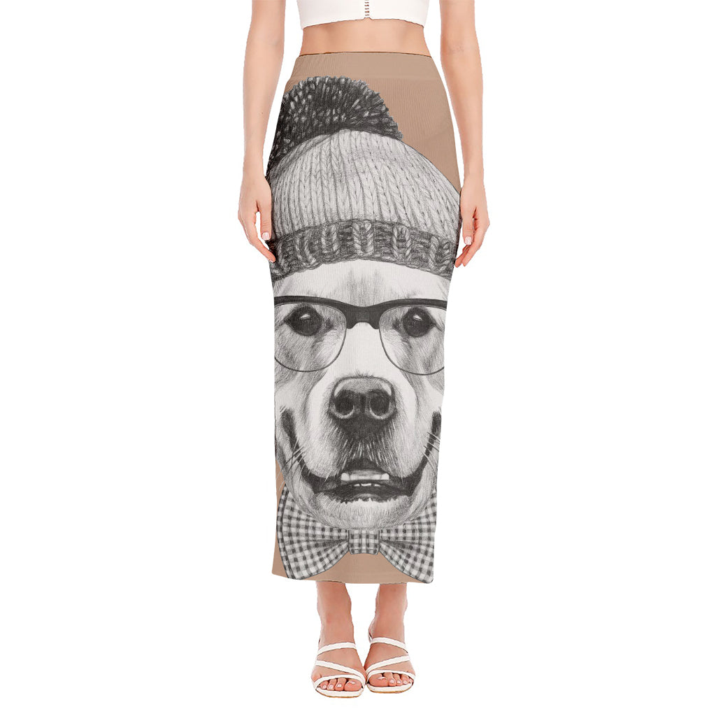 Hipster Golden Retriever Print Side Slit Maxi Skirt