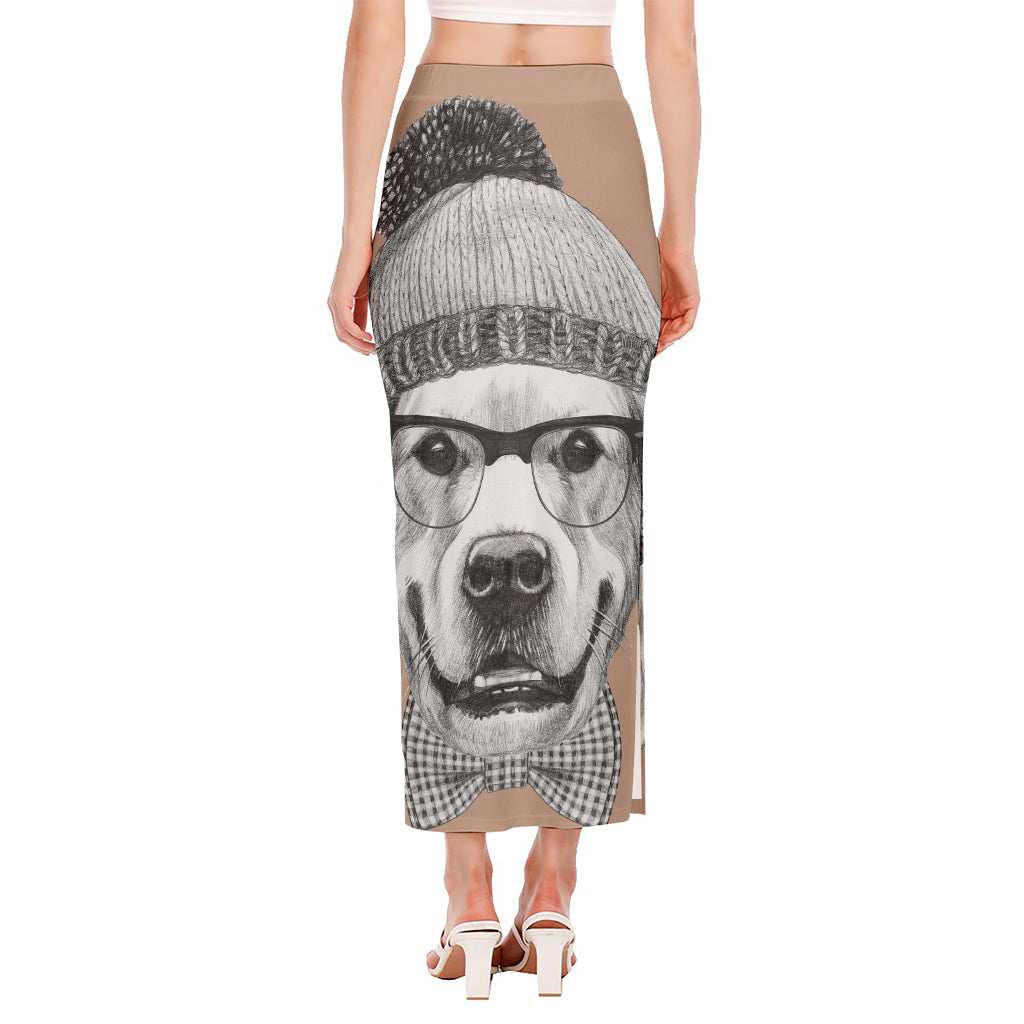 Hipster Golden Retriever Print Side Slit Maxi Skirt